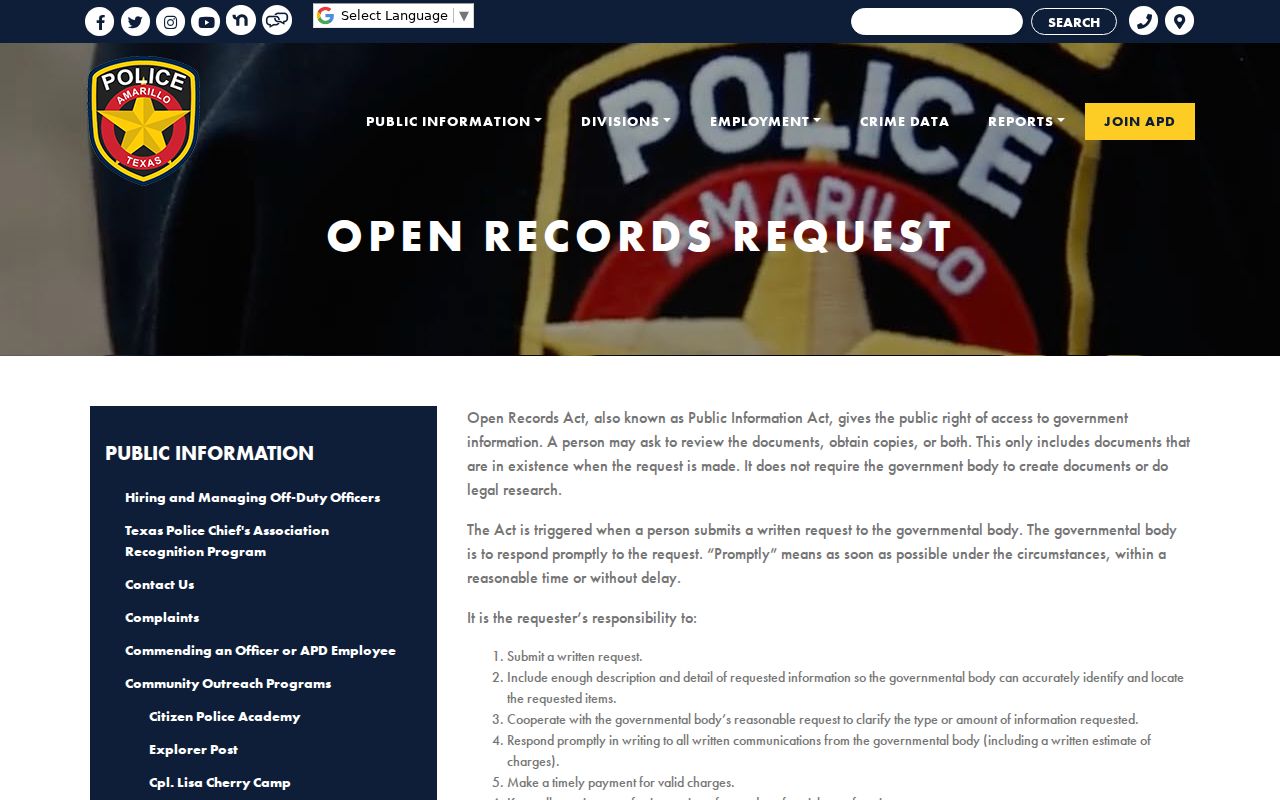 Amarillo criminal records request page for Amarillo Police