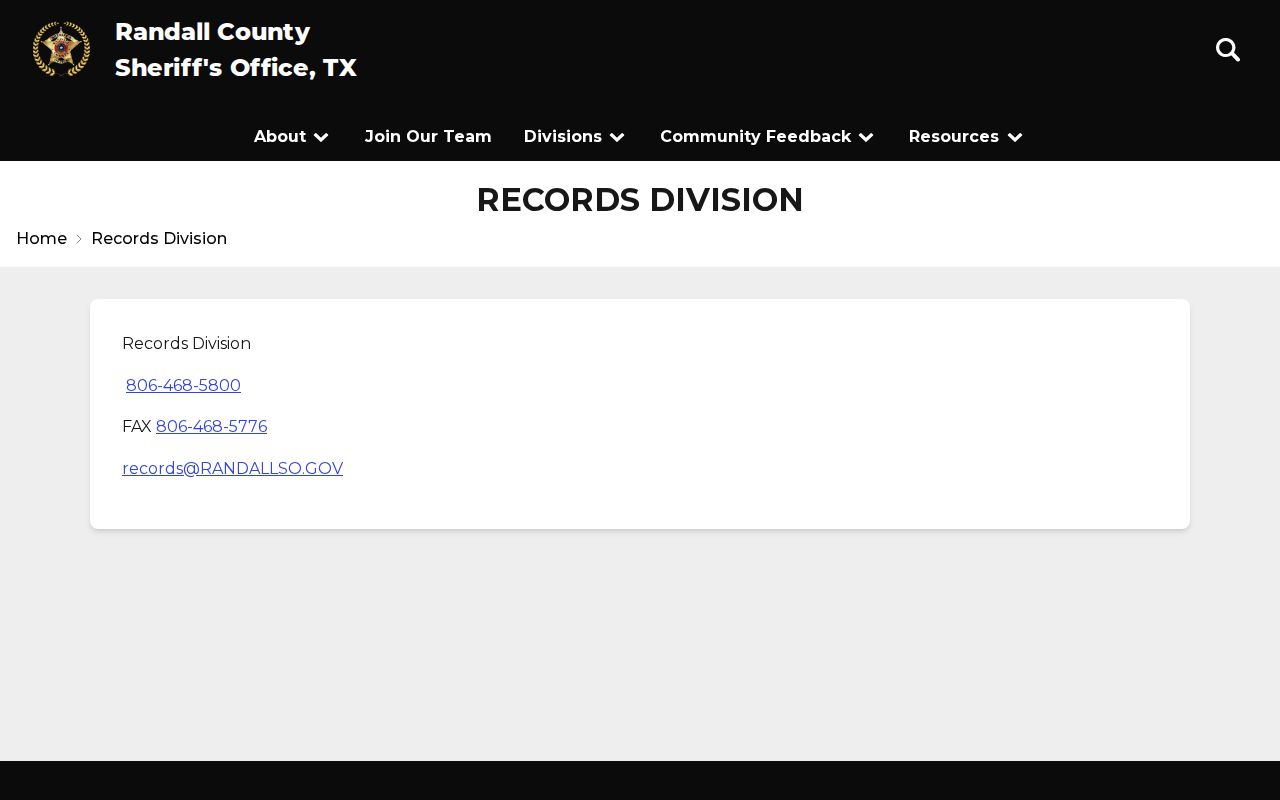 Randall County arrest records Sheriff Records Division