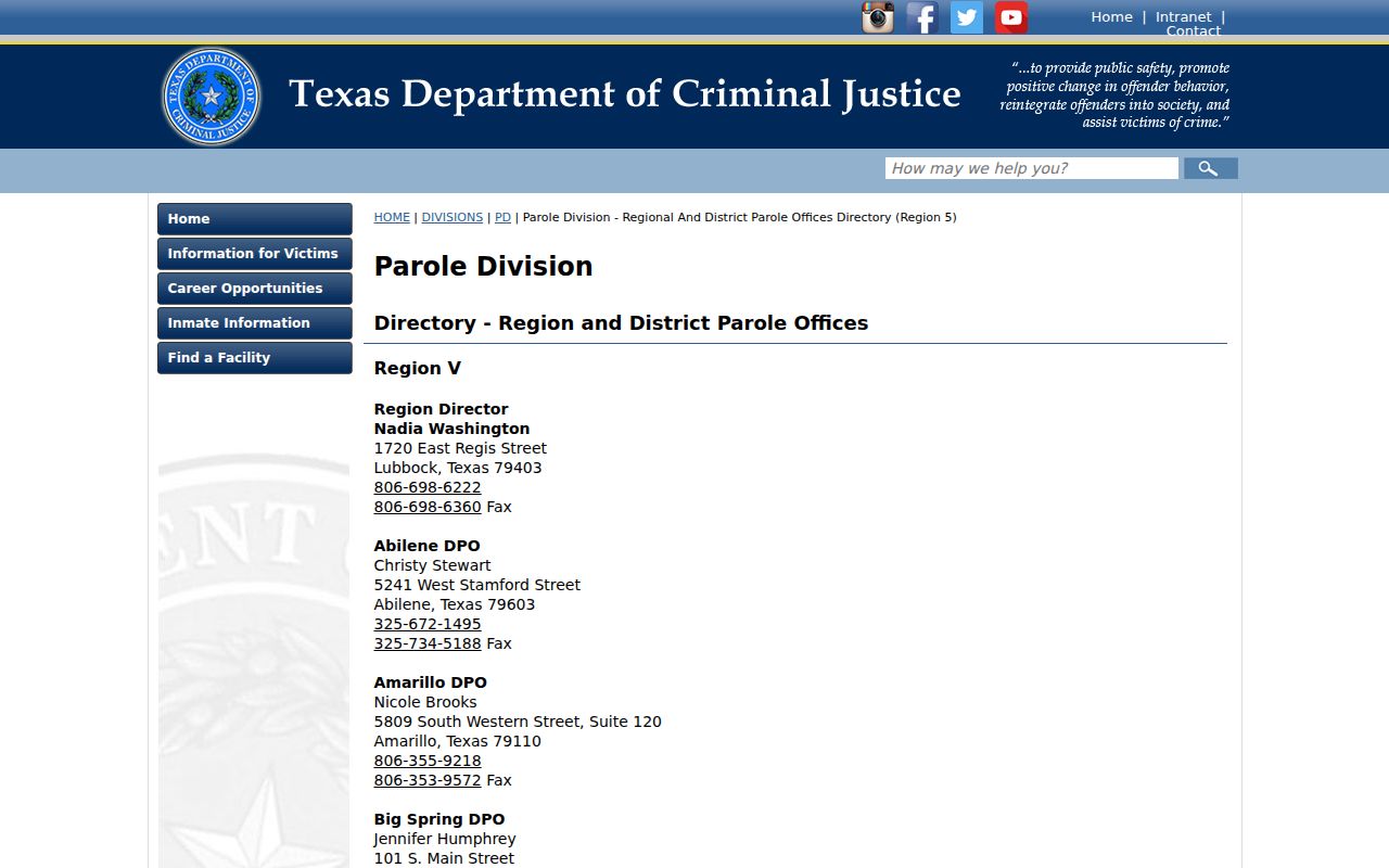 Randall County parole records office listing in Amarillo