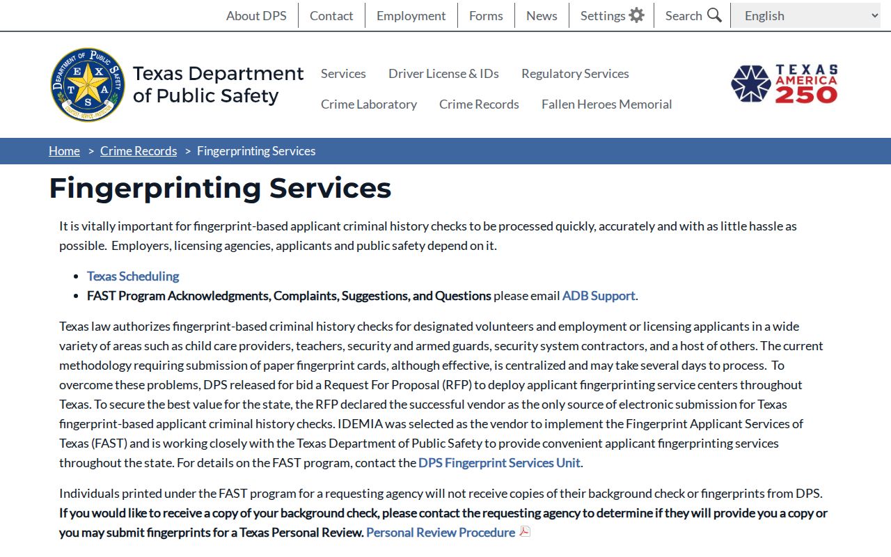 FAST fingerprint personal criminal record review for Randall County
