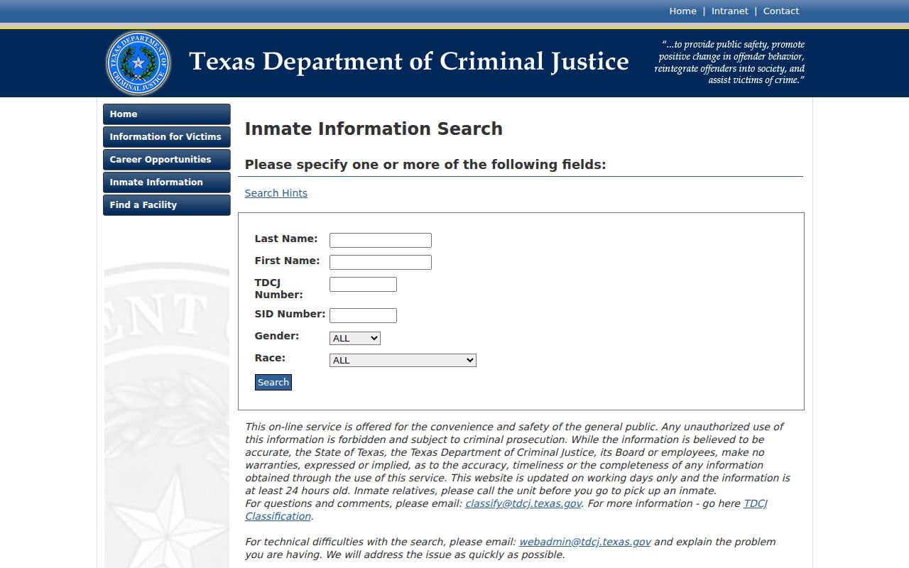 TDCJ inmate criminal custody search for Randall County