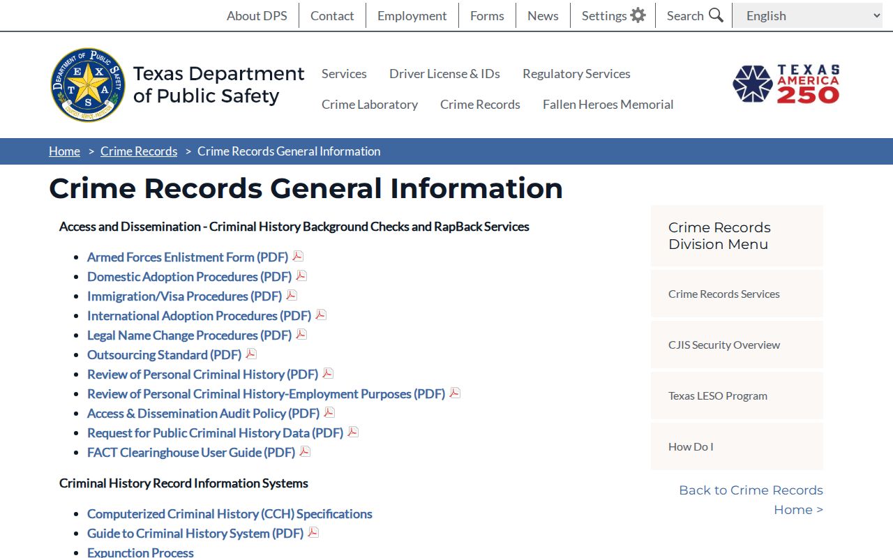 Texas DPS criminal record information used for Randall County history checks
