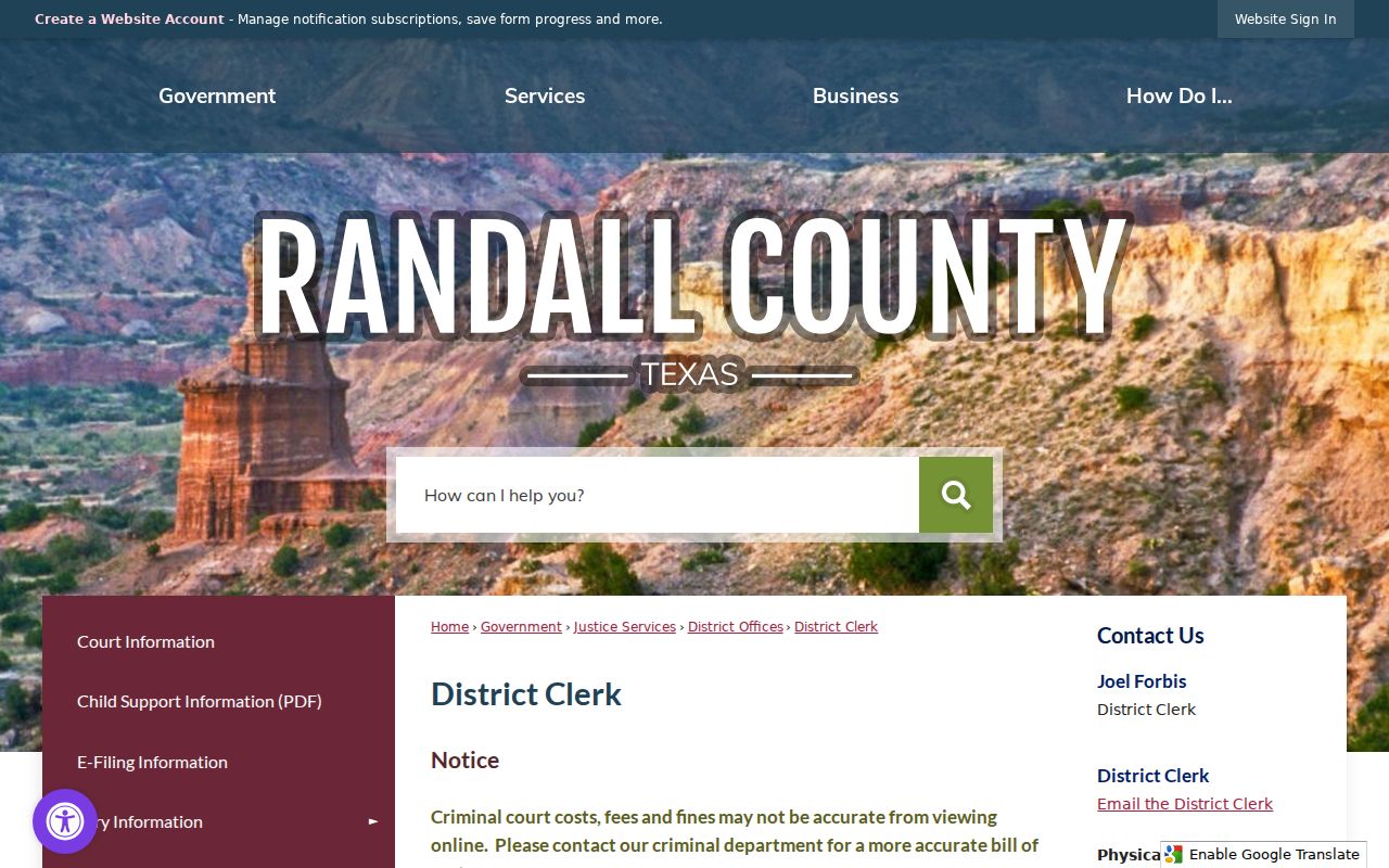 Randall County criminal court case District Clerk information