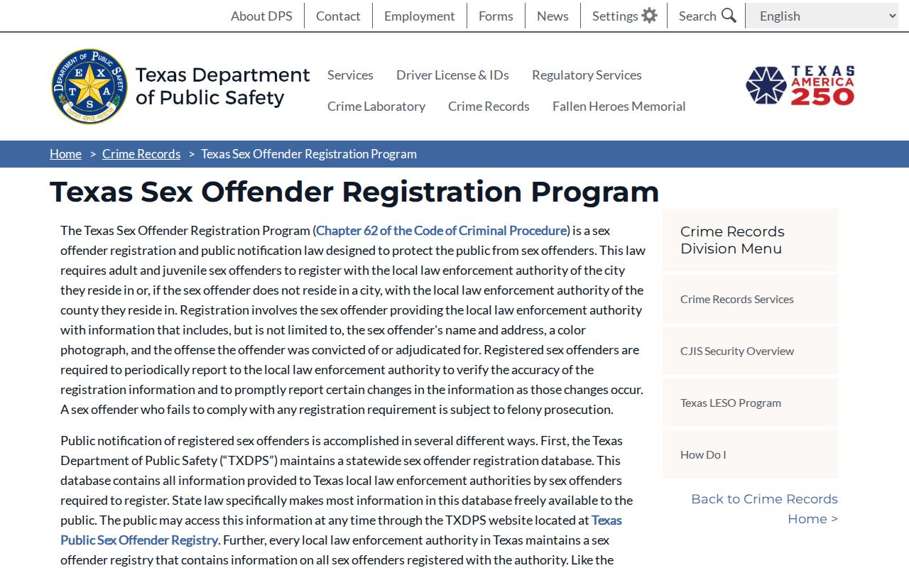 Randall County sex offender registration program information from Texas DPS