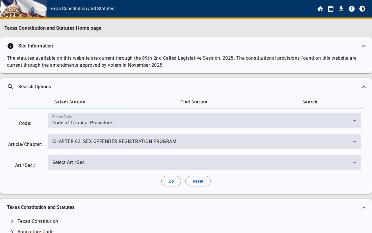 Randall County sex offender registry law in Texas Code of Criminal Procedure Chapter 62